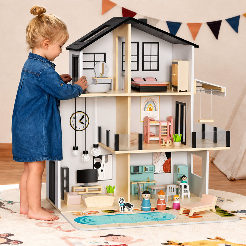 Suteck Wooden Dollhouse, Large Modern Doll House With 49pcs